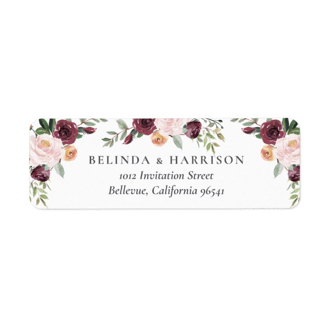 Rustic Charm Burgundy Blush Pink Floral Wedding Label (Front)