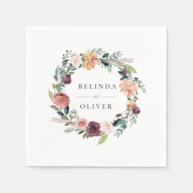 Rustic Charm Burgundy Blush Pink Floral Wedding Napkins (Front)