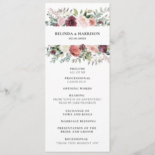 Rustic Charm Burgundy Blush Pink Floral Wedding Program