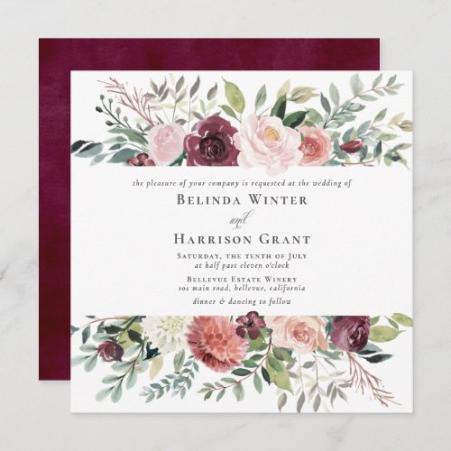 Rustic Charm Burgundy Blush Pink SQ Floral Wedding Invitation