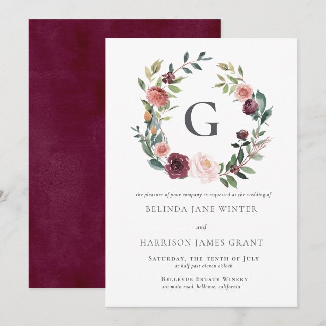Rustic Charm Burgundy Pink Floral Wreath Wedding Invitation (Front/Back)