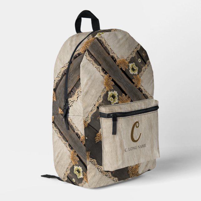 Rustic Charm Burlap & Lace Barn Wood QR Code Printed Backpack (Back Corner Left)