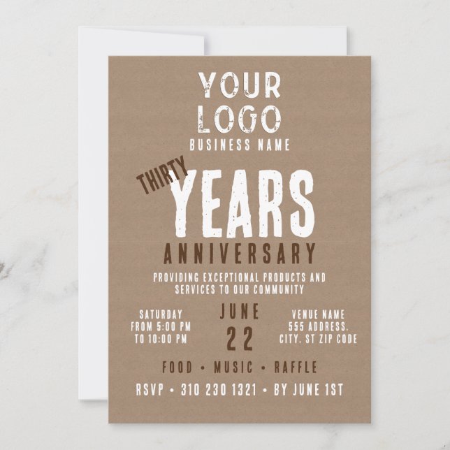 Rustic Charm Business Logo 30 Years Anniversary Invitation (Front)