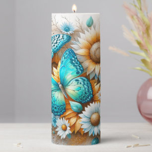 Rustic Charm: Butterfly and Daisy Pillar Candle