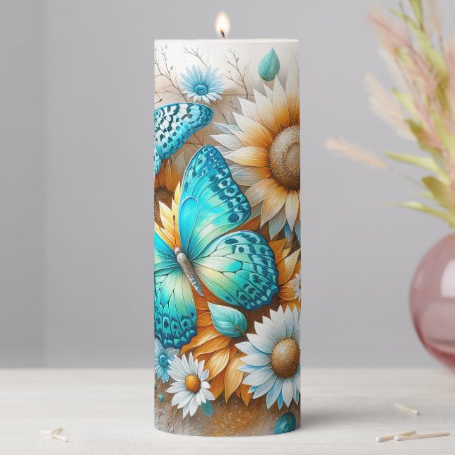 Rustic Charm: Butterfly and Daisy  Pillar Candle (In Situ)
