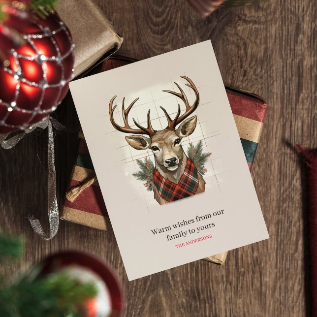 Rustic Charm Farmhouse Treasures with Plaid Deer Holiday Card (Creator Uploaded)