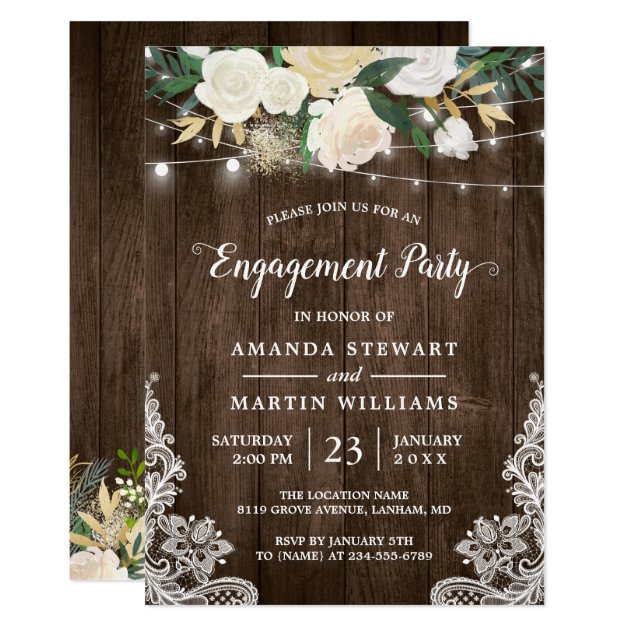 Rustic Charm Floral String Lights Engagement Party Invitation