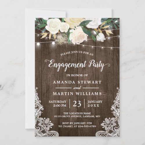 Rustic Charm Floral String Lights Engagement Party Invitation