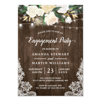 Rustic Charm Floral String Lights Engagement Party Invitation