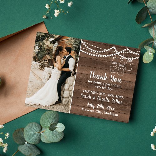 Rustic Charm Mason Jar String Lights Wedding Thank Thank You Card