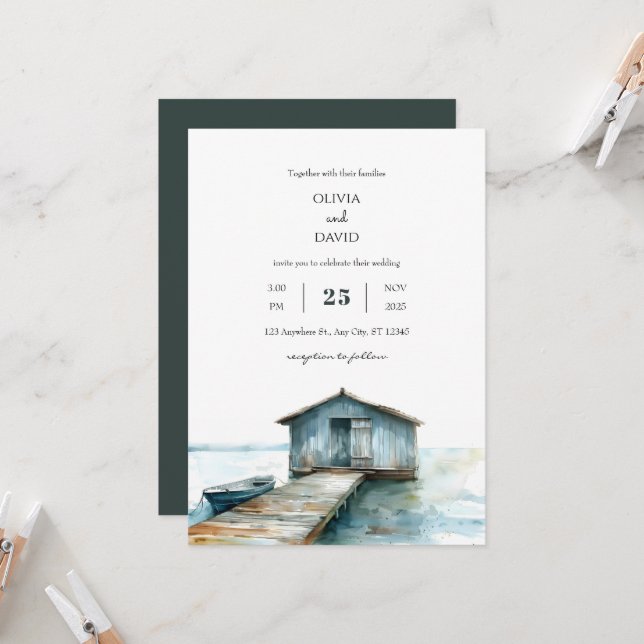 Rustic Charm Nautical Sea Boat Shed Beach Wedding Invitation (Front/Back In Situ)