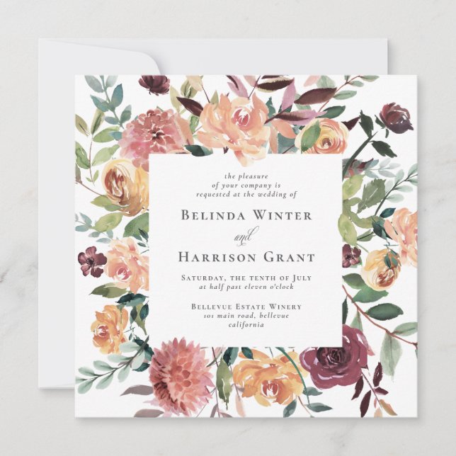 Rustic Charm SQ Burgundy Blush Pink Floral Wedding Invitation (Front)