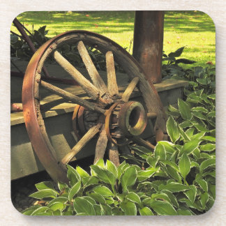 Rustic Charm – Weathered Wagon Wheel Photography Beverage Coaster