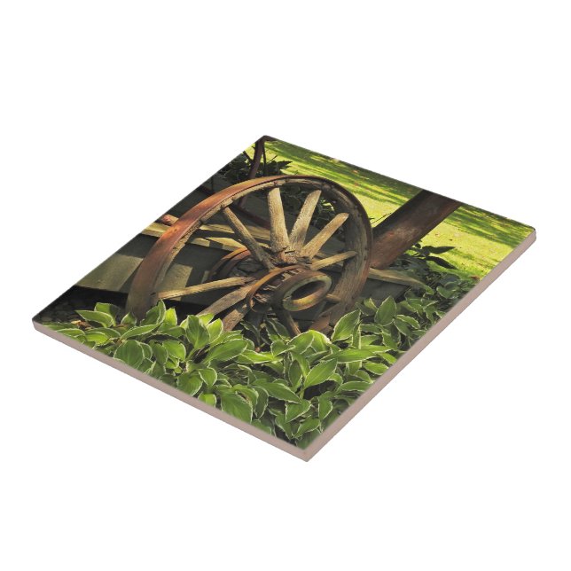 Rustic Charm – Weathered Wagon Wheel Photography Ceramic Tile (Side)