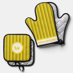 Rustic Charm Yellow Striped Oven Mitt & Pot Holder Set