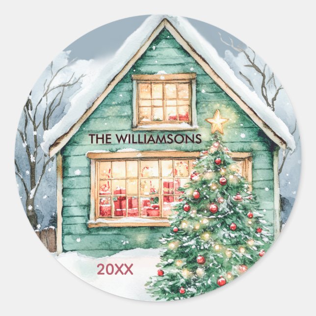 Rustic Charming Christmas Scene Tree Snow  Classic Round Sticker (Front)