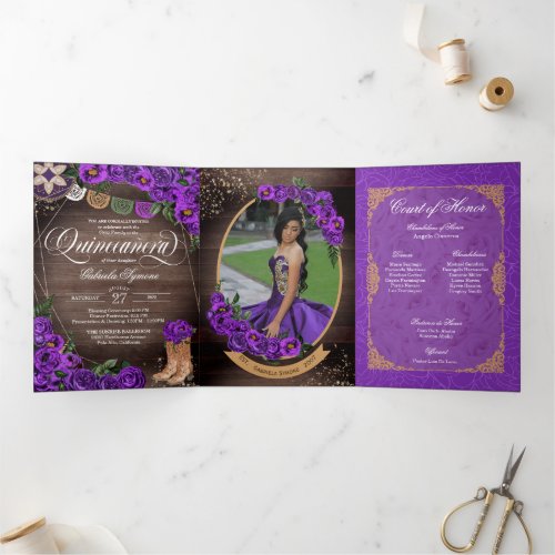 Rustic Charro Royal Purple Roses Quinceaera Tri_Fold Invitation