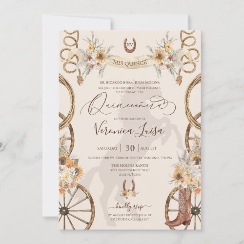 Rustic Charro Sunflowers  Boho Floral Quinceanera Invitation