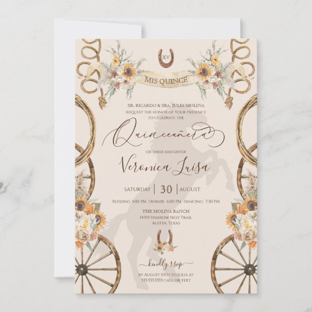 Rustic Charro Sunflowers & Boho Floral Quinceañera Invitation (Front)