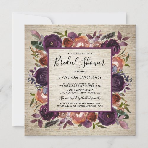 Rustic Chateau Butterum & Plum Flora Bridal Shower Invitation - Plum & butterum bridal shower invitations featuring a rustic chateau stone background, boho feathers, rose and peony flowers, and a modern bridal party text template that is easy to personalize.