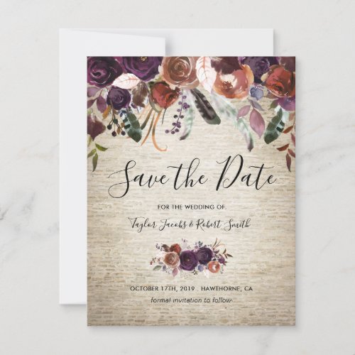 Rustic Chateau Butterum & Plum Floral Save The Date - Butterum & plum save the date cards featuring a rustic chateau stone background, boho feathers, rose and peony flowers, and a modern save the date template. ==================================================================================== For further personalization, please click the "Customize it" button to modify this template. All text style, colors, and sizes can be modified to suit your needs. You will find other matching wedding items at my store www.zazzle.com/special_stationery, however if you can’t find what you are looking for please contact me.