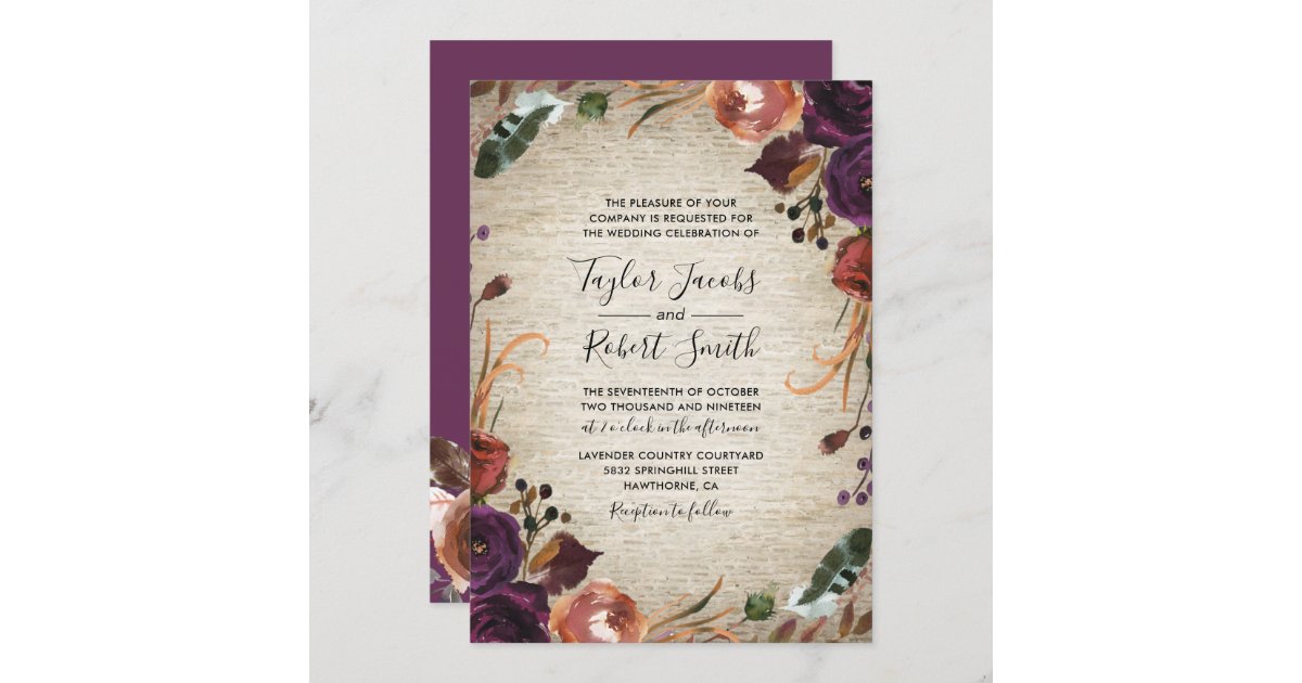 Rustic Chateau Butterum Plum Floral Wedding Invitation Zazzle Com