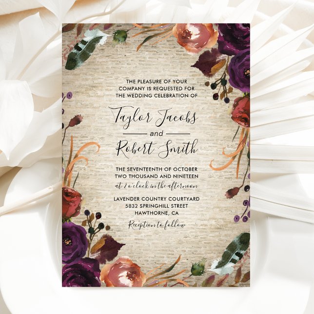 Rustic Chateau Butterum & Plum Floral Wedding Invitation (Creator Uploaded)