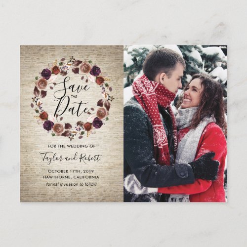 Rustic Chateau Floral Photo Save the Date Invitation Postcard - Personalized butterum & plum save the date postcards featuring a photo of the happy couple, a rustic chateau stone background, boho feathers, rose and peony floral wreath, and a modern save the date template. ==================================================================================== For further personalization, please click the "Customize it" button to modify this template. All text style, colors, and sizes can be modified to suit your needs. You will find other matching wedding items at my store www.zazzle.com/special_stationery, however if you can’t find what you are looking for please contact me.