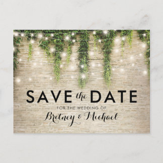 Rustic Chateau Stone Church Lights Save the Date Announcement Postcard