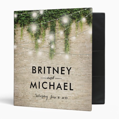 Rustic Chateau Stone Church Lights Wedding Album Binder - Magical fairytale wedding story album binder featuring a rustic stone wall background, green ivy vine with sparkling twinkle lights, and a modern wedding template.