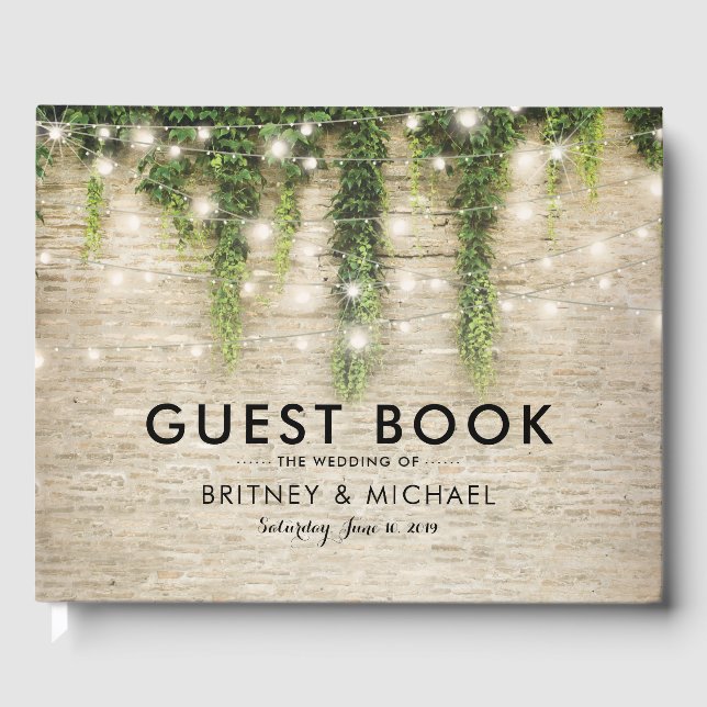 Rustic Chateau Stone Church String Lights Wedding Guest Book (Front)