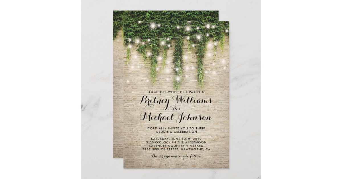 Rustic Chateau Stone Church String Lights Wedding Invitation Zazzle Com