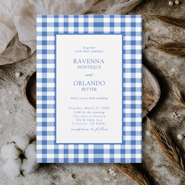 Rustic Checkered Baby Blue Plaid Gingham Wedding Invitation (Creator Uploaded)
