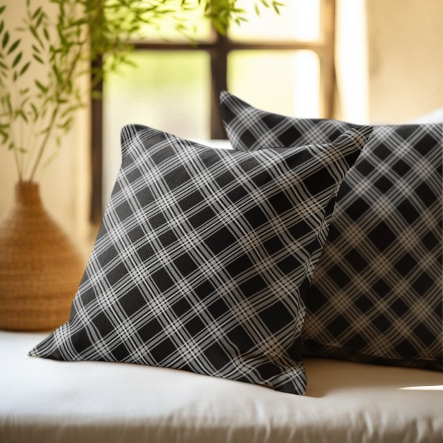 Rustic Checkered Pattern Plaid Fabric Color Black Throw Pillow (Creator Uploaded)