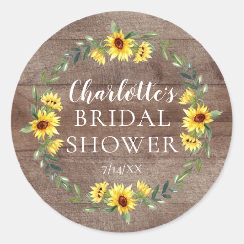 Rustic Cheerful Yellow Sunflower Bridal Shower Classic Round Sticker