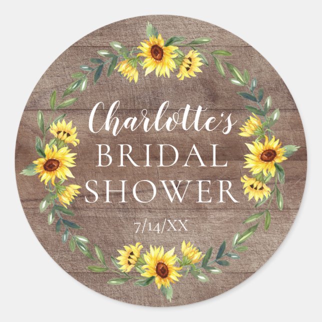 Rustic Cheerful Yellow Sunflower Bridal Shower Classic Round Sticker (Front)