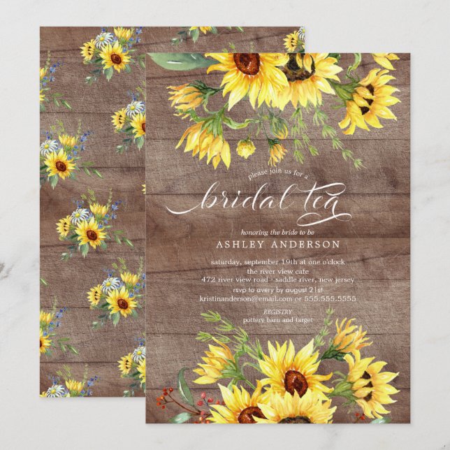 Rustic Cheerful Yellow Sunflower Bridal Tea Invitation (Front/Back)