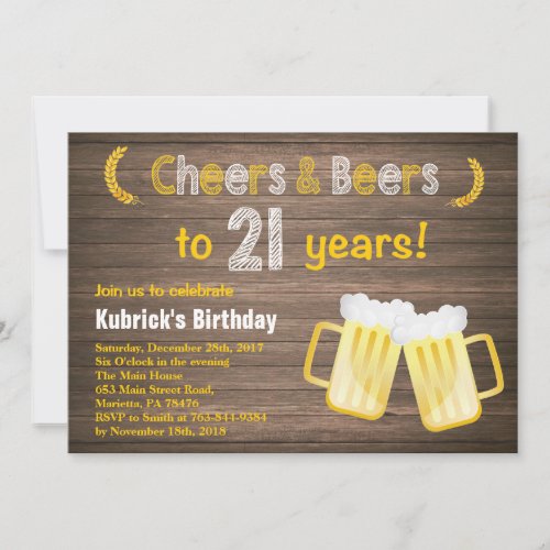 Rustic Cheers and Beers 21st Birthday Invitation