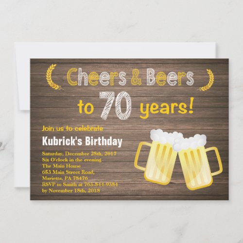 Rustic Cheers and Beers 70th Birthday Invitation