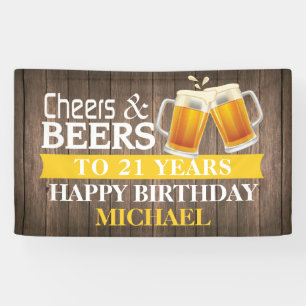 Rustic Cheers and Beers Happy 21st Birthday Yellow Banner