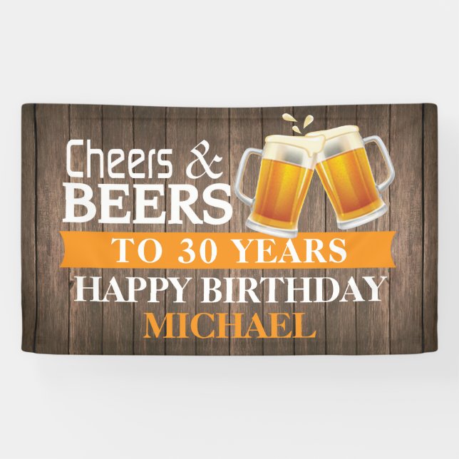 Rustic Cheers and Beers Happy 30th Birthday Orange Banner (Horizontal)