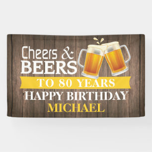 Rustic Cheers and Beers Happy 80th Birthday Yellow Banner