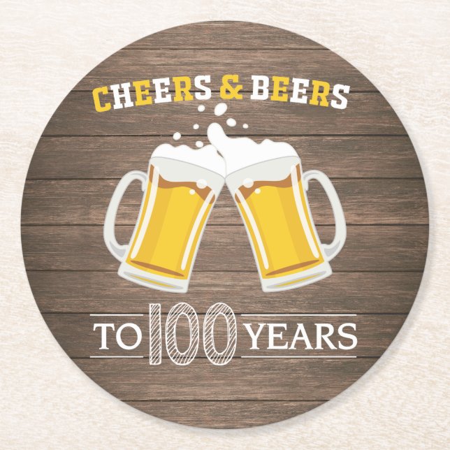 Rustic Cheers and Beers to 100 Years Round Paper Coaster (Front)