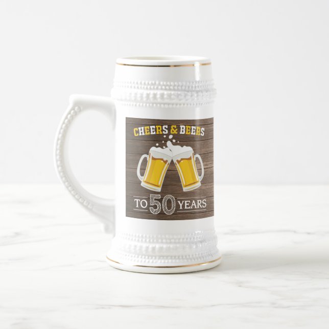 Rustic Cheers and Beers to 50 Years Beer Stein (Left)