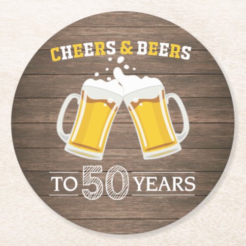 Rustic Cheers and Beers to 50 Years Round Paper Coaster