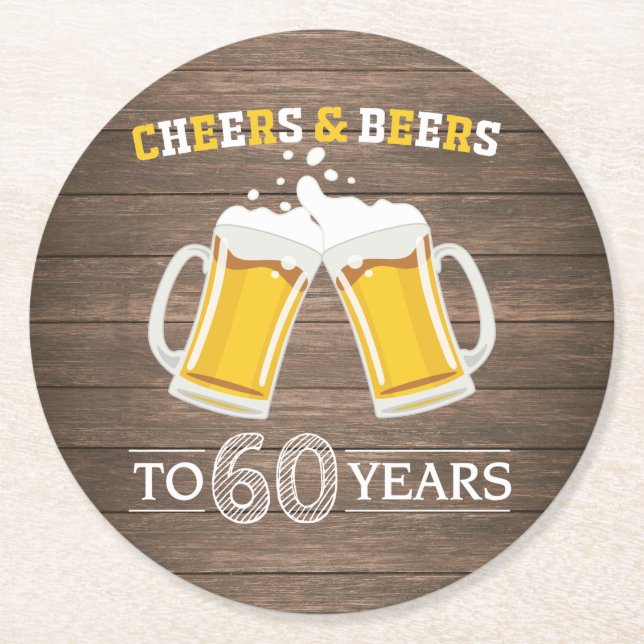 Rustic Cheers and Beers to 60 Years Round Paper Coaster (Front)