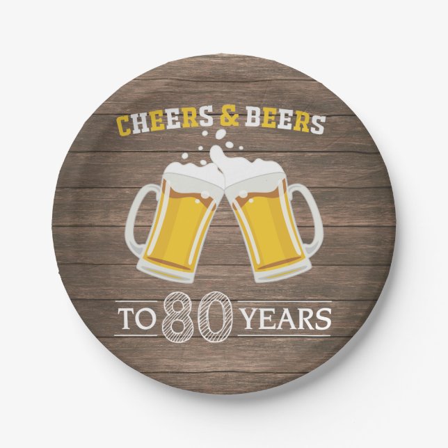 Rustic Cheers and Beers to 80 Years Paper Plate (Front)
