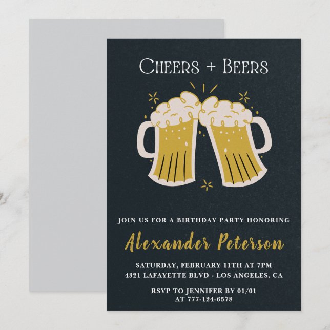Rustic Cheers Beers Chalkboard Men 66th birthday Invitation (Front/Back)