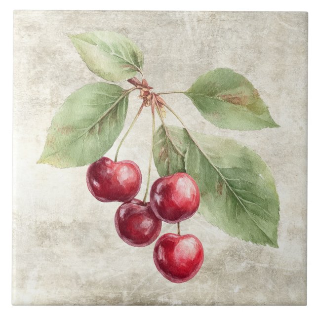 Rustic Cherries Watercolor Fruit Ceramic Tile