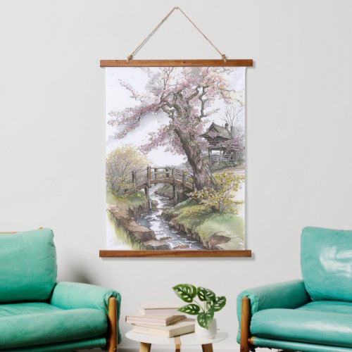 Rustic Cherry Blossom in Spring Landscape Poster Hanging Tapestry